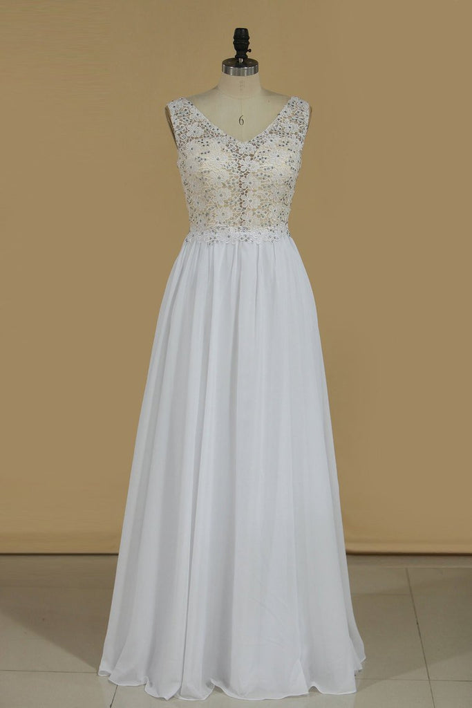 2024 Chiffon & Lace Prom Dresses V Neck With Beading A Line Sweep Train