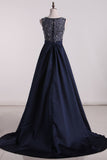 2024 Satin Scoop With Beads Prom Dresses A Line Sweep Train