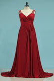 2024 V Neck Prom Dresses A Line Spandex With Beads And Ruffles