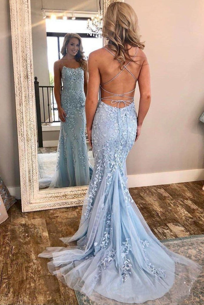 2022 Charming Spaghetti Straps Mermaid Long Open Back Prom Dresses