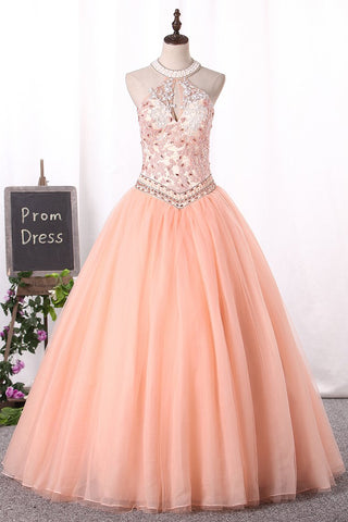 2024 Ball Gown High Neck Quinceanera Dresses Tulle With Applique Lace Up