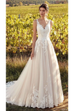 Elegant Sleeveless V Neck Tulle Wedding Dresses With Lace Appliques, A Line Bridal Dress