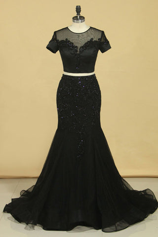 2022 Black Two Pieces Scoop Short Sleeves Mermaid Prom Dresses With Beading Tulle