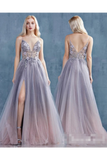 See Through Jeweled Glitter A-Line Prom Dress With High Slit Deep V Neck Long Formal Dress