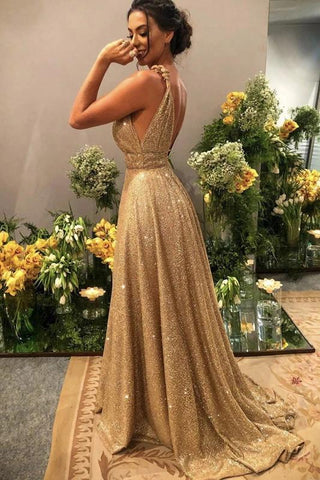 Charming Gold Sequins V Neck A Line Backless Prom Dresses, Formal SRS15627