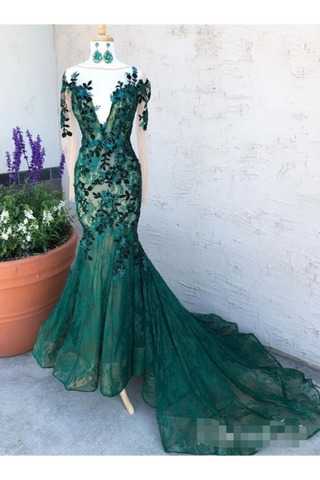 Dark Green See Through Prom Dresses With Sleeves Illusion Neck Party Dresses