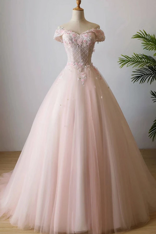 Stunning Off The Shoulder Ball Gown Quinceanera Dresses Tulle 3D Flowers Prom Dresses