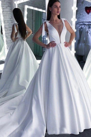 A Line Round Neck White Prom Dresses Bowknot Satin Wedding Dresses SRS15022