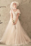 Unique Tulle Lace Long Wedding Dress, Ivory Short Sleeves Lace Up Back Bridal Dresses