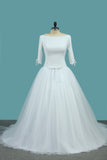 2024 Mid-Length Sleeves Scoop A Line Wedding Dresses Tulle Chapel Train