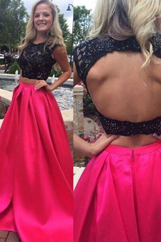 Two Pieces Scoop Prom Dresses Satin & Lace Bicolor