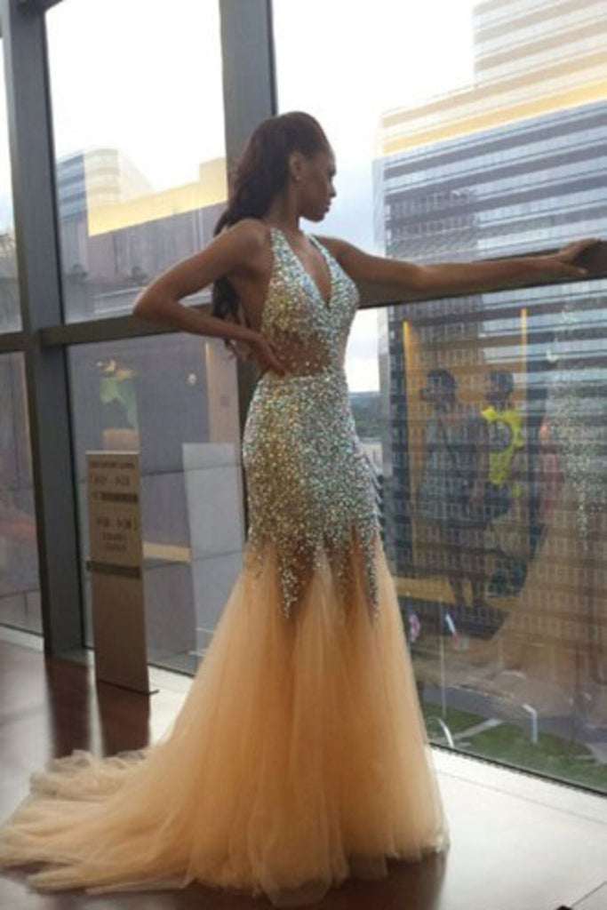 Halter Prom Dresses Mermaid Tulle With Beading Sweep Train