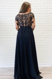 Long Sleeves Black Formal Dress High Slit Sexy Chiffon Long Prom Dress Appliques