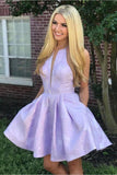 A-Line Above-Knee Lilac Satin Printed Homecoming Dress With Pockets