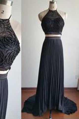 Gorgeous Halter Court Train Two Pieces Black Beads Chiffon Backless Prom Dresses