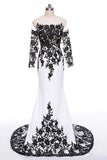 Elegant White Black Lace Appliques Mermaid Long Sleeves Satin Prom Dresses