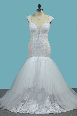 2024 Mermaid Spaghetti Straps Tulle Wedding Dresses With Applique Cathedral Train