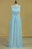 2024 Plus Size Scoop A Line Evening Dresses Chiffon With Ruffles And Sash