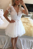 2024 Chiffon V Neck Short Sleeves With Applique A Line Homecoming Dresses