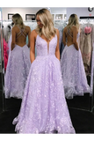 A-Line Floor Length Lace Prom Dresses Backless Formal Gown With Pockets