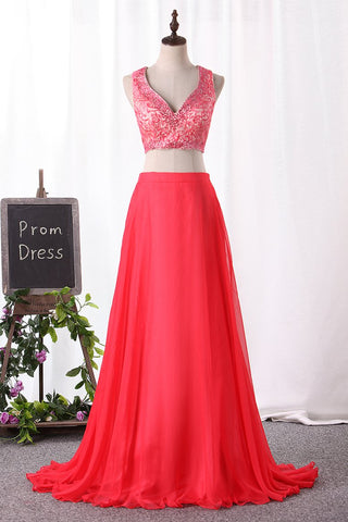 2024 Two Pieces Prom Dresses Chiffon V Neck A Line With Beads And Applique