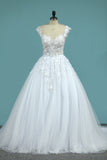 2024 Wedding Dresses Scoop Tulle With Applique A Line Chapel Train