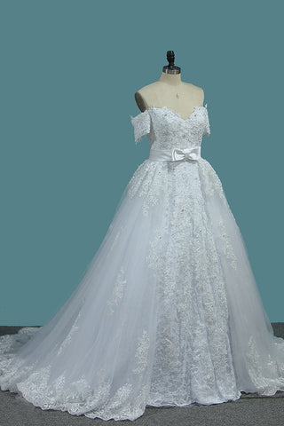 2024 Sheath Tulle Off The Shoulder Wedding Dresses With Applique And Beads