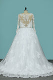 2024 Plus Size Wedding Dresses Long Sleeves Bateau A Line Tulle With Applique