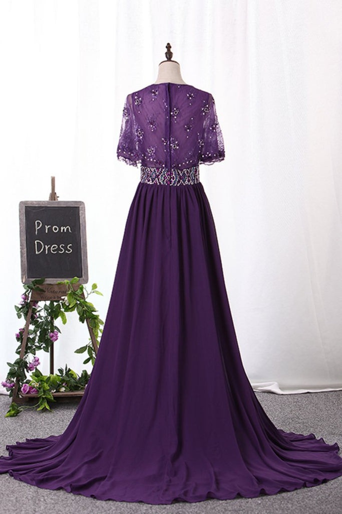 2024 A Line V Neck Chiffon & Lace With Beads And Slit Prom Dresses