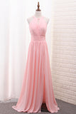 2024 Scoop A Line Chiffon Bridesmaid Dresses With Ruffles And Slit Floor Length
