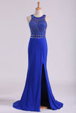 2024 Open Back Prom Dresses Scoop Spandex With Beading And Slit Sweep Train