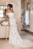 Elegant Off Shoulder Ivory Mermaid Lace Beach Wedding Dress
