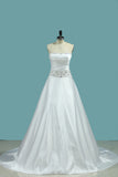 2024 Satin Wedding Dress Strapless A Line With Beads And Ruffles Chapel Train