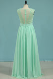 2024 New Arrival Scoop A Line Prom Dresses Chiffon & Lace Sweep Train