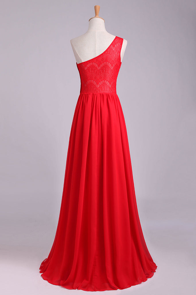 2024 One Shoulder Pleated Bodice Lace Back A Line Prom/Evening Dress Chiffon