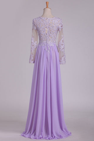 2024 Scoop Long Sleeves Prom Dresses With Applique And Beads A Line Chiffon