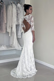 2024 Mermaid Scoop Wedding Dresses 3/4 Length Sleeves Lace Open Back
