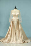2024 Prom Dresses Scoop Long Sleeves Satin A Line With Sweep Train