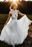 2024 Scoop Prom/Wedding Dresses A Line Chiffon With Applique&Beads Sweep Train