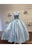 Halter Neckline Rhinestone And Crystal Beaded Quinceañera Dress Satin Ball Gown Prom Dress