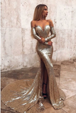 Mermaid Long Split Prom Dress Gold Sequined Evening Dress With Sleeves