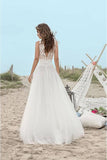 A-Line V-Neck Sleeveless Tulle Lace Floor-Length Open Back Beach Wedding Dress