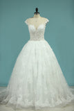 2024 Wedding Dresses Short Sleeves Scoop A Line Tulle With Applique