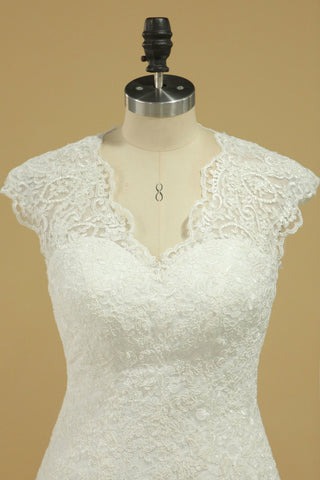 2024 Wedding Dresses V Neck Cap Sleeve With Applique Mermaid Lace