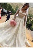 V-Neck Long Sleeves Ball Gown Wedding Dress With Appliques Tulle
