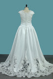 2024 Scoop Cap Sleeve Wedding Dresses A Line Satin With Ruffles And Applique Sweep Train