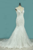 2024 New Arrival Wedding Dresses V Neck Mermaid Tulle With Applique Chapel Train