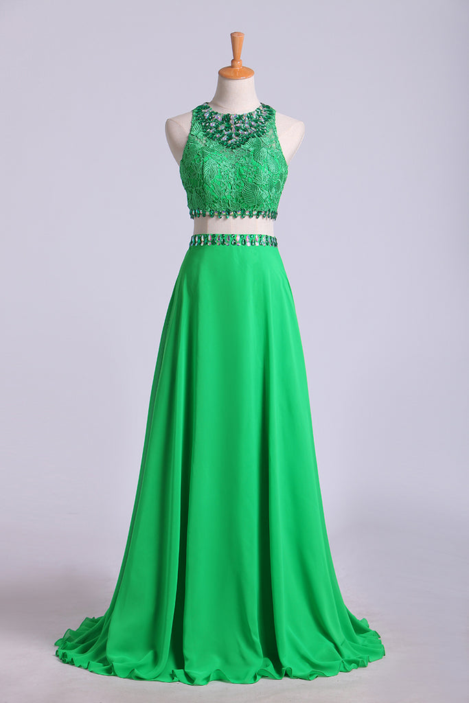2024 Two Pieces Scoop A Line Prom Dresses Backless Sweep Train With Beading