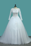 2024 Bateau Long Sleeves A Line Tulle Wedding Dresses With Applique Court Train