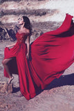 2024 Red Slit Off The Shoulder Prom Dresses A Line Chiffon With Applique And Beads